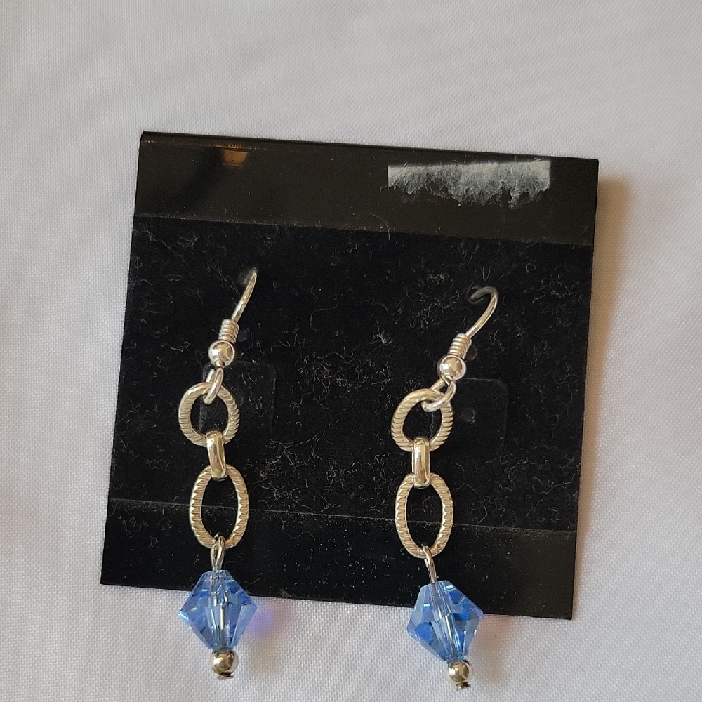 Sterling Silver and Blue Crystal Hand Made Dangle Earrings